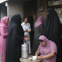 Muslim women, draped in niqabs, engaged in lively exchanges at a bustling tea stall. The scene pulsates with life as the aroma of brewing tea mingles with the ambient chatters.