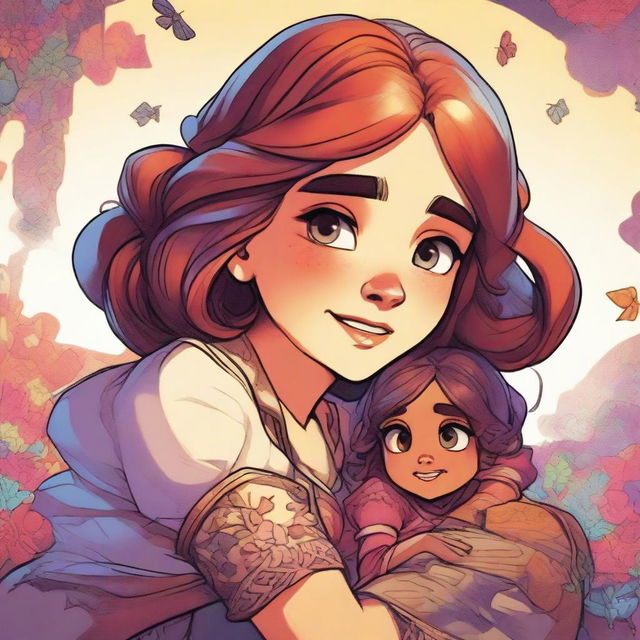 An image illustrating a fantasy scenario, where a colossal girl in a cartoon style is gently placing a tiny individual into her pocket