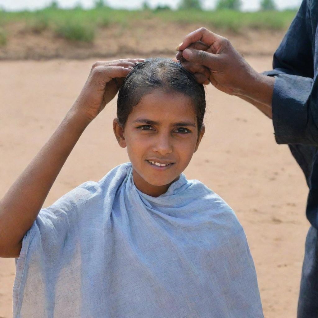 A young girl wearing a burkha having her head shaved under the open sky by a villager, expressing shyness.