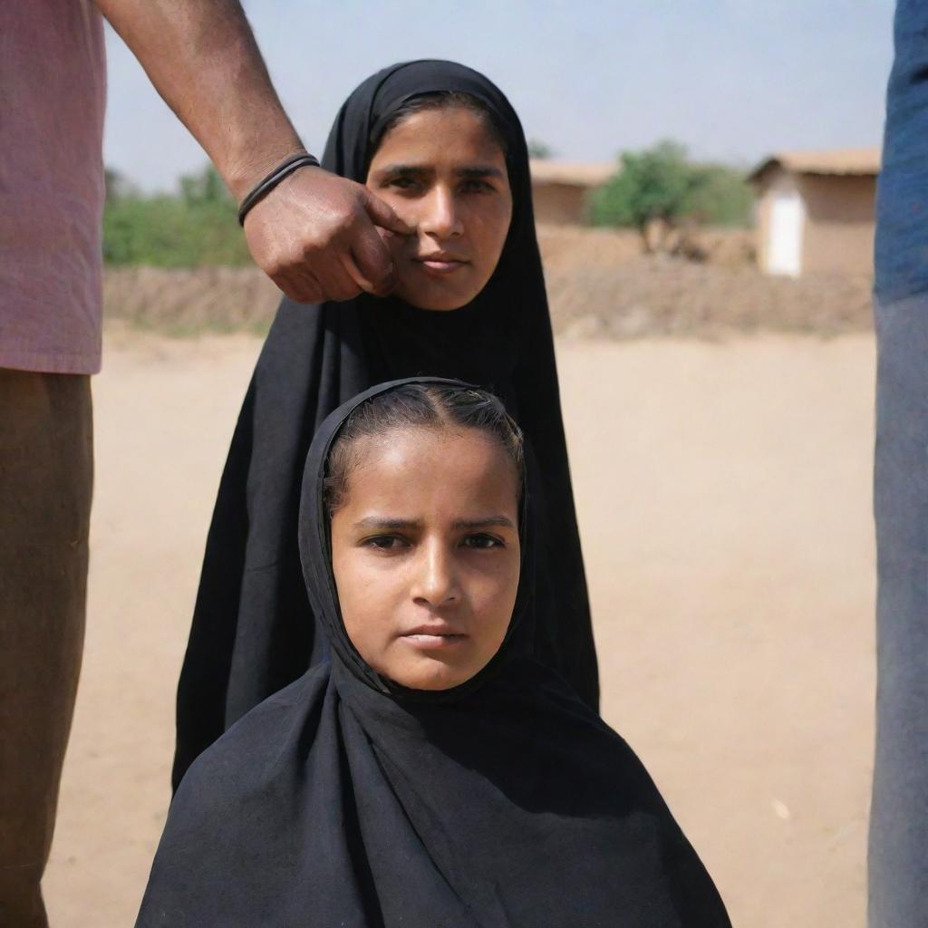 A young girl wearing a burkha having her head shaved under the open sky by a villager, expressing shyness.