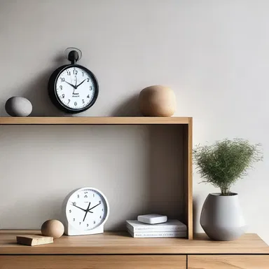 In the modern and minimalist living room, the stop watch was displayed on a shelf as a unique decorative piece.