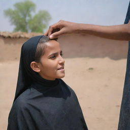 A young girl wearing a burkha having her head shaved under the open sky by a villager, expressing shyness.