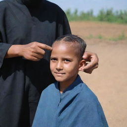 A young girl wearing a burkha having her head shaved under the open sky by a villager, expressing shyness.