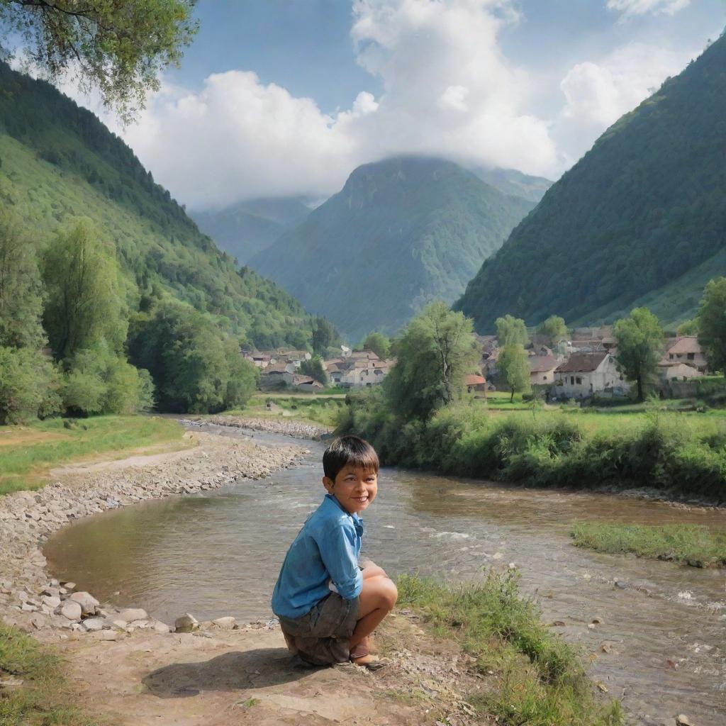 A young boy living by a river bank, surrounded by trees with a mountainous backdrop. A quaint village resides close to the river. The sky is awash with blue clouds, hiding the sun.