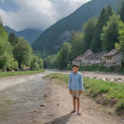 A young boy living by a river bank, surrounded by trees with a mountainous backdrop. A quaint village resides close to the river. The sky is awash with blue clouds, hiding the sun.