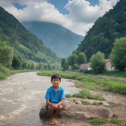 A young boy living by a river bank, surrounded by trees with a mountainous backdrop. A quaint village resides close to the river. The sky is awash with blue clouds, hiding the sun.