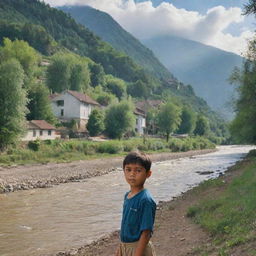 A young boy living by a river bank, surrounded by trees with a mountainous backdrop. A quaint village resides close to the river. The sky is awash with blue clouds, hiding the sun.