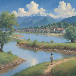 A 2D image depicting a boy living by a river bank with neighboring trees and a distant mountain range. There is a charming village along the river bank, under a sky blanketed with blue clouds and a sun hidden behind them.