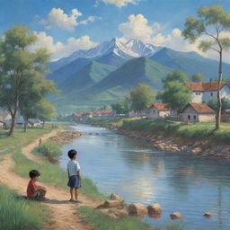 A 2D image depicting a boy living by a river bank with neighboring trees and a distant mountain range. There is a charming village along the river bank, under a sky blanketed with blue clouds and a sun hidden behind them.