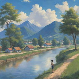 A 2D image depicting a boy living by a river bank with neighboring trees and a distant mountain range. There is a charming village along the river bank, under a sky blanketed with blue clouds and a sun hidden behind them.