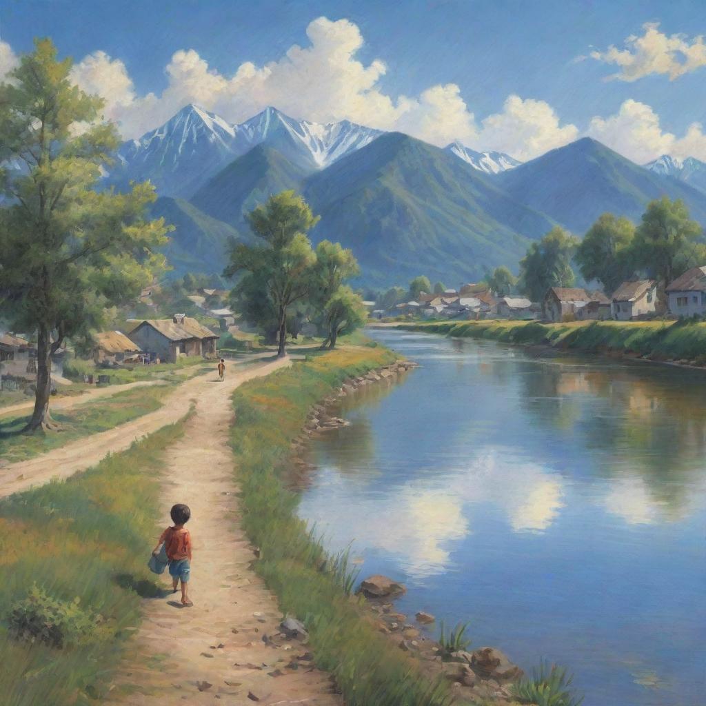 A 2D image depicting a boy living by a river bank with neighboring trees and a distant mountain range. There is a charming village along the river bank, under a sky blanketed with blue clouds and a sun hidden behind them.