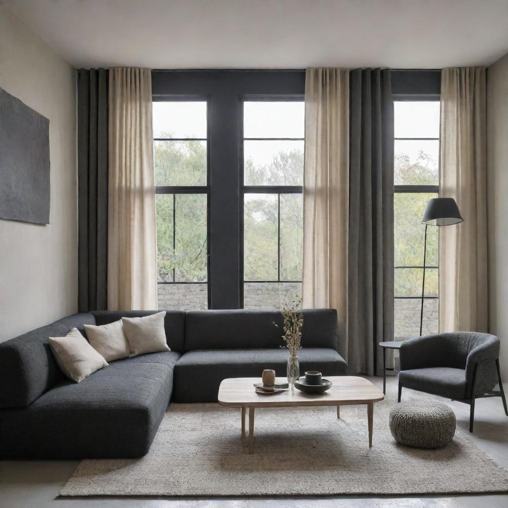 A modern contemporary living room incorporating Wabi Sabi elements, with charcoal basalt and beige color tones, including a window with curtains