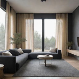 A modern contemporary living room incorporating Wabi Sabi elements, with charcoal basalt and beige color tones, including a window with curtains