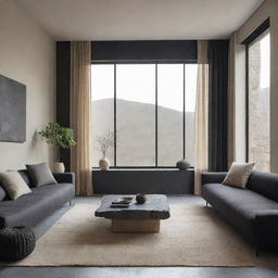 A modern contemporary living room incorporating Wabi Sabi elements, with charcoal basalt and beige color tones, including a window with curtains