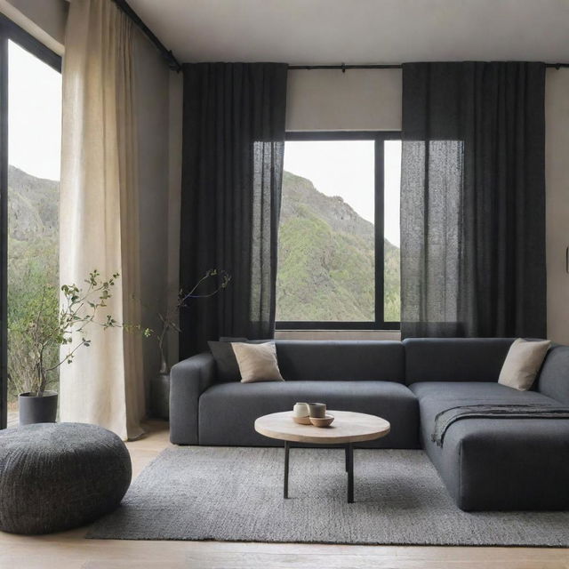 A modern contemporary living room incorporating Wabi Sabi elements, with charcoal basalt and beige color tones, including a window with curtains