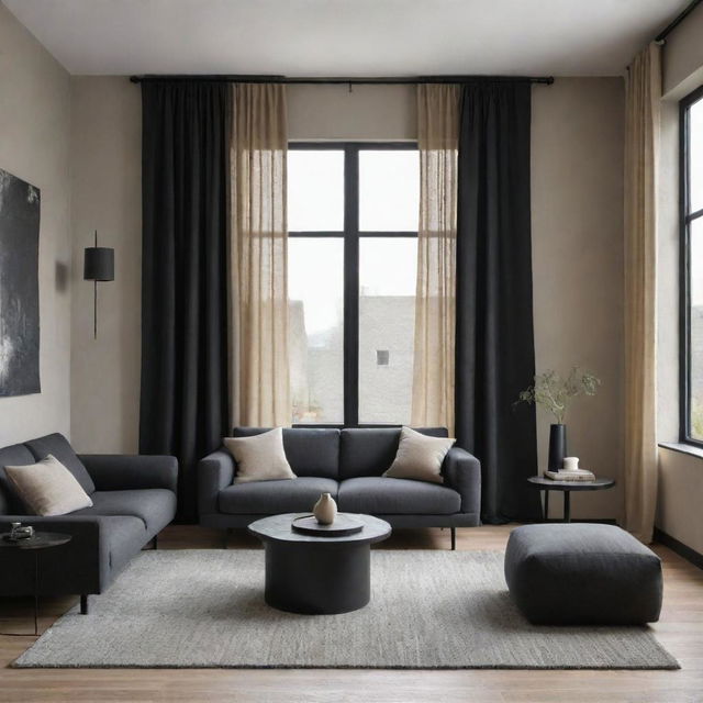 A modern contemporary living room blending Wabi Sabi elements, featuring a color palette of charcoal black, basalt, and beige, inclusive of a window with curtains