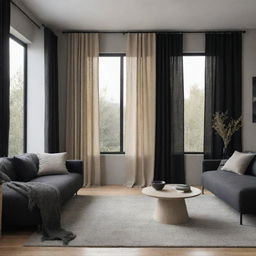 A modern contemporary living room blending Wabi Sabi elements, featuring a color palette of charcoal black, basalt, and beige, inclusive of a window with curtains