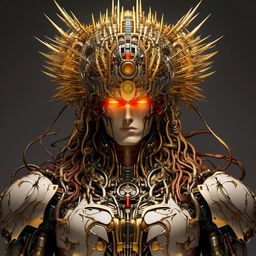 A less robotic, more handsome Jesus in a mecha exoskeleton, adorned with a crown of thorns, still maintaining a flamboyant style as seen in Jojo's Bizarre Adventure.