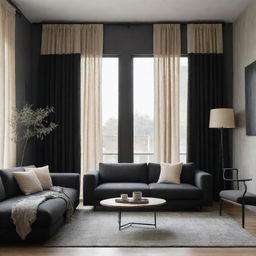 A modern contemporary living room blending Wabi Sabi elements, featuring a color palette of charcoal black, basalt, and beige, inclusive of a window with curtains