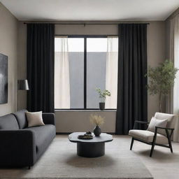 A modern contemporary living room blending Wabi Sabi elements, featuring a color palette of charcoal black, basalt, and beige, inclusive of a window with curtains