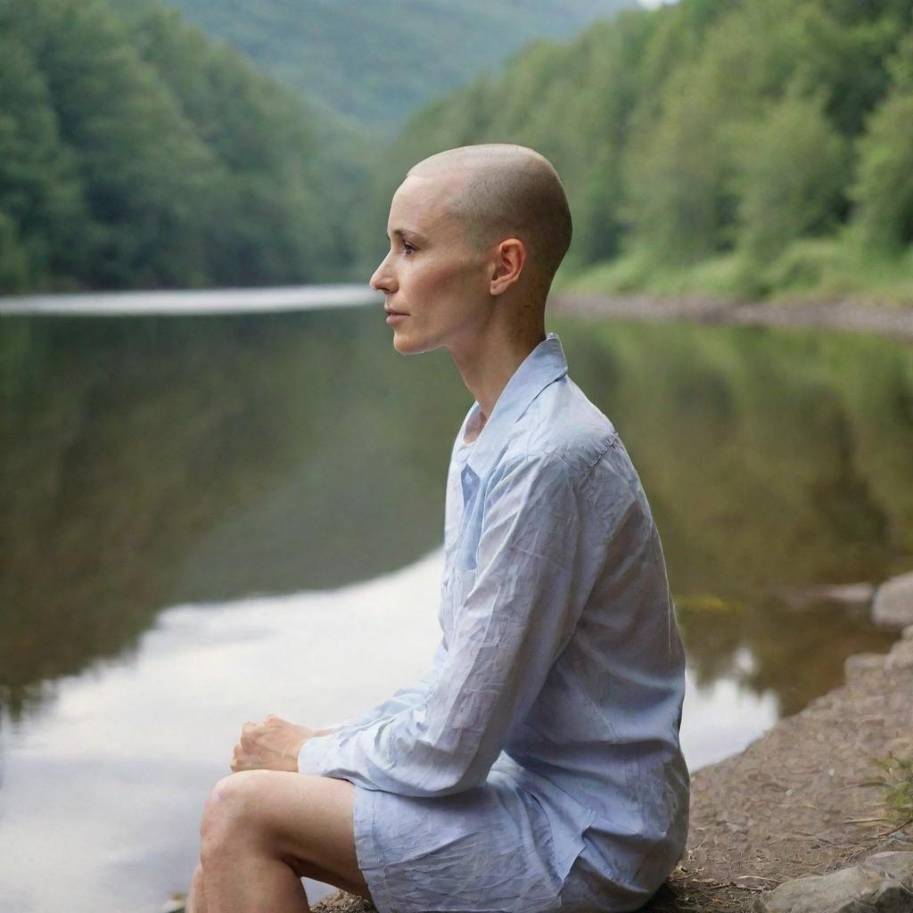 A woman with a cleanly shaven head sitting on the bank of a scenic river, reflecting tranquility