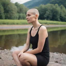 A woman with a cleanly shaven head sitting on the bank of a scenic river, reflecting tranquility