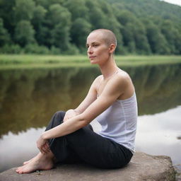 A woman with a cleanly shaven head sitting on the bank of a scenic river, reflecting tranquility