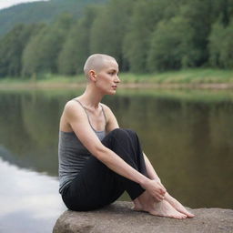 A woman with a cleanly shaven head sitting on the bank of a scenic river, reflecting tranquility