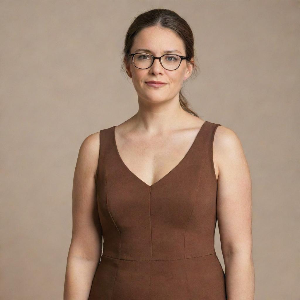 A woman wearing glasses and a brown dress standing confidently