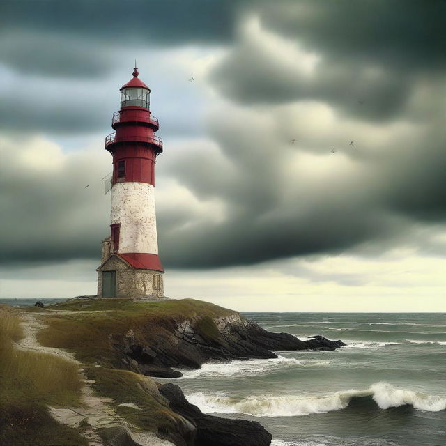 A high-resolution Dufaycolor photograph that beautifully captures a detailed lighthouse on a coastline