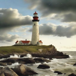 A high-resolution Dufaycolor photograph that beautifully captures a detailed lighthouse on a coastline