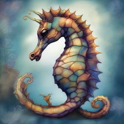 An image of an adorable seahorse creature, illustrated in the distinctive, fantasy-inspired style of Brian Froud