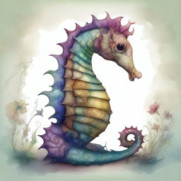 An image of an adorable seahorse creature, illustrated in the distinctive, fantasy-inspired style of Brian Froud