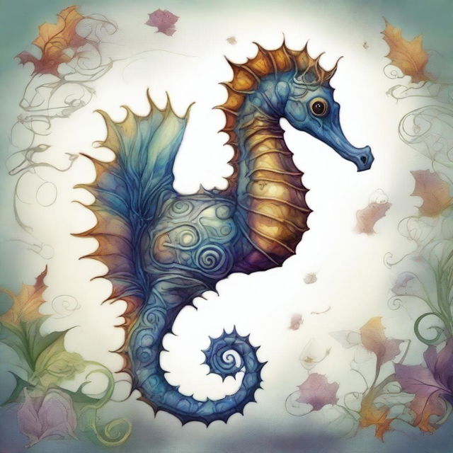 An image of an adorable seahorse creature, illustrated in the distinctive, fantasy-inspired style of Brian Froud