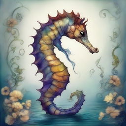 An image of an adorable seahorse creature, illustrated in the distinctive, fantasy-inspired style of Brian Froud