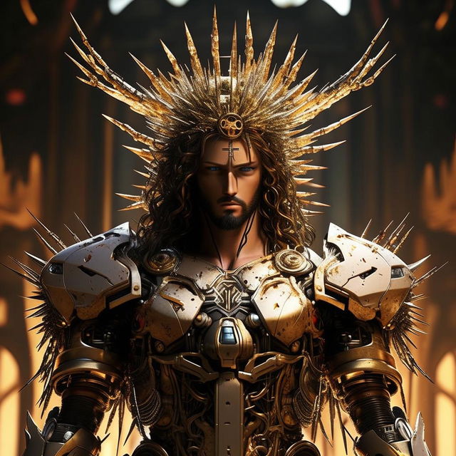 A less robotic, more handsome Jesus in a mecha exoskeleton, adorned with a crown of thorns, still maintaining a flamboyant style as seen in Jojo's Bizarre Adventure.