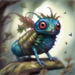 This is a digital art image of a peculiar caterpillar-like creature, rendered in the enchanting and intricate style of Brian Froud