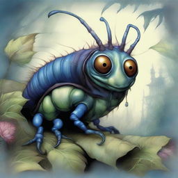 This is a digital art image of a peculiar caterpillar-like creature, rendered in the enchanting and intricate style of Brian Froud