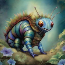 This is a digital art image of a peculiar caterpillar-like creature, rendered in the enchanting and intricate style of Brian Froud