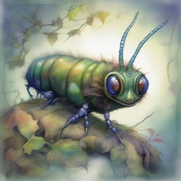 This is a digital art image of a peculiar caterpillar-like creature, rendered in the enchanting and intricate style of Brian Froud