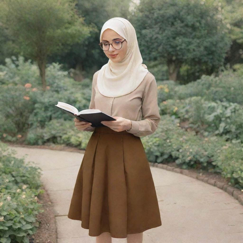 A cartoon woman in a cream hijab and brown skirt studying in a garden, wearing glasses