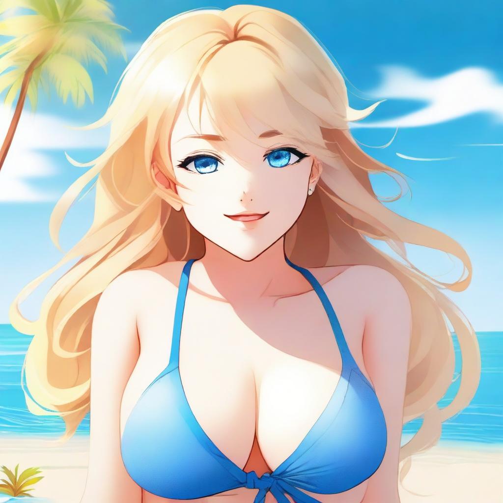 A digital art piece of a voluptuous anime-style girl with blonde hair and blue eyes enjoying her time at the beach