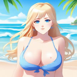 A digital art piece of a voluptuous anime-style girl with blonde hair and blue eyes enjoying her time at the beach