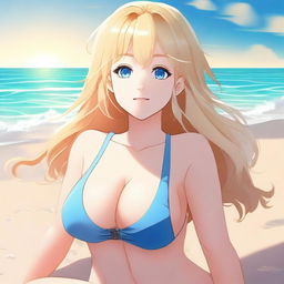 A digital art piece of a voluptuous anime-style girl with blonde hair and blue eyes enjoying her time at the beach