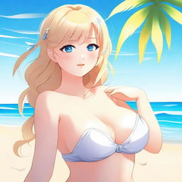 A digital art piece of a voluptuous anime-style girl with blonde hair and blue eyes enjoying her time at the beach