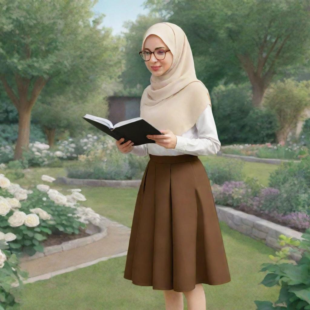 A cartoon woman in a cream hijab and brown skirt studying in a garden, wearing glasses