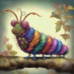 This digital art image depicts a peculiar caterpillar-like creature, designed in an amalgamation of Brian Froud's intricate, fantasy-inspired style and James C Christensen's imaginative and surrealistic approach