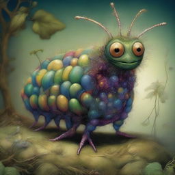 This digital art image depicts a peculiar caterpillar-like creature, designed in an amalgamation of Brian Froud's intricate, fantasy-inspired style and James C Christensen's imaginative and surrealistic approach