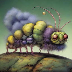 This digital art image depicts a peculiar caterpillar-like creature, designed in an amalgamation of Brian Froud's intricate, fantasy-inspired style and James C Christensen's imaginative and surrealistic approach