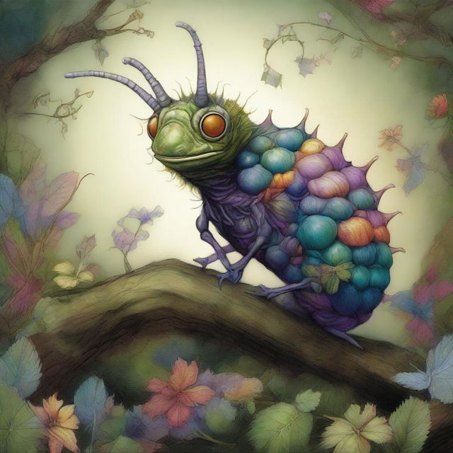 This digital art image depicts a peculiar caterpillar-like creature, designed in an amalgamation of Brian Froud's intricate, fantasy-inspired style and James C Christensen's imaginative and surrealistic approach